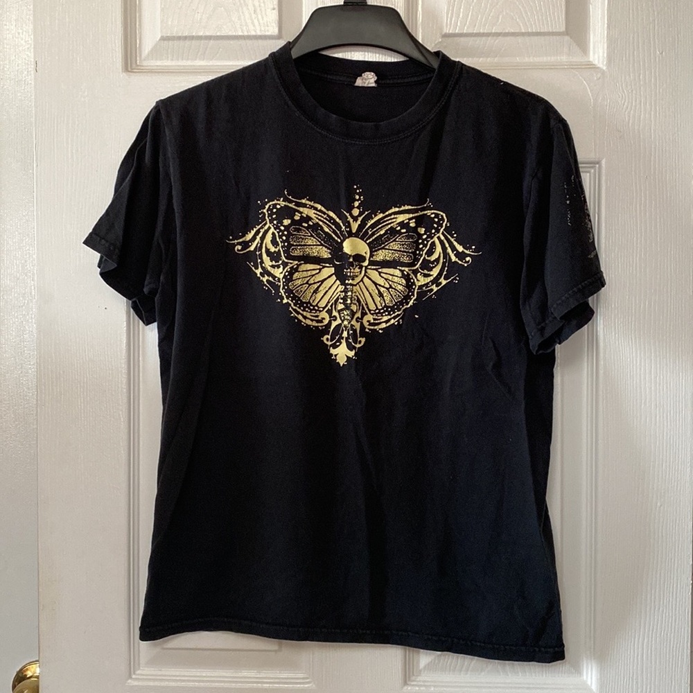VTG Monarch Tattoo Shop NJ Black Skull Butterfly Shirt T-Shirt